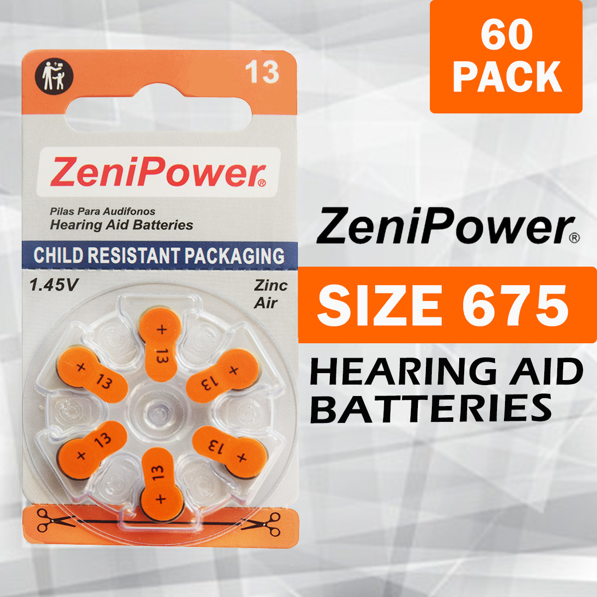 60 ZeniPower MF Hearing Aid Batteries Size: 13 + Battery Holder Keychain