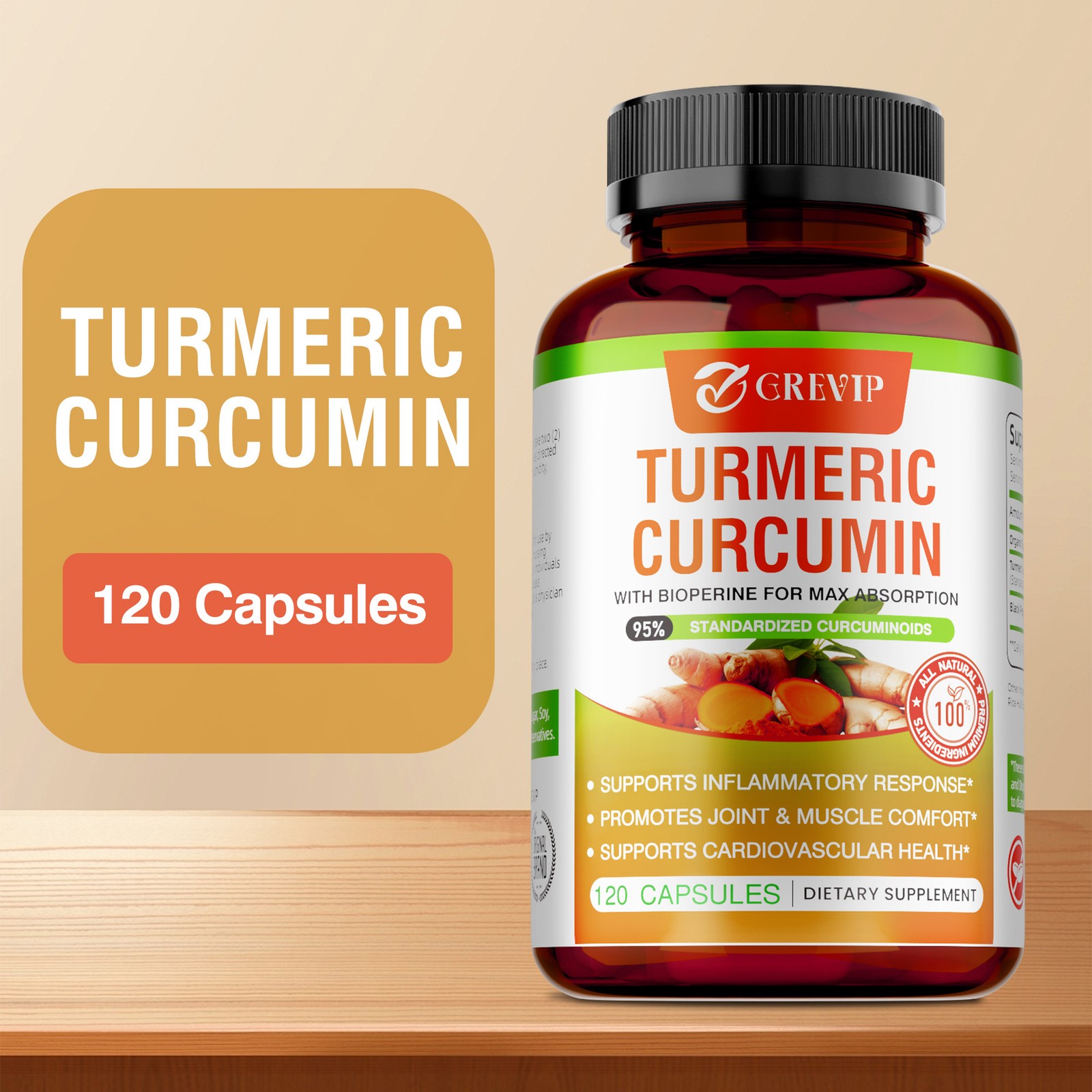 Turmeric Curcumin Supplement 120pcs – Improves Digestion and Absorption, Non-GMO