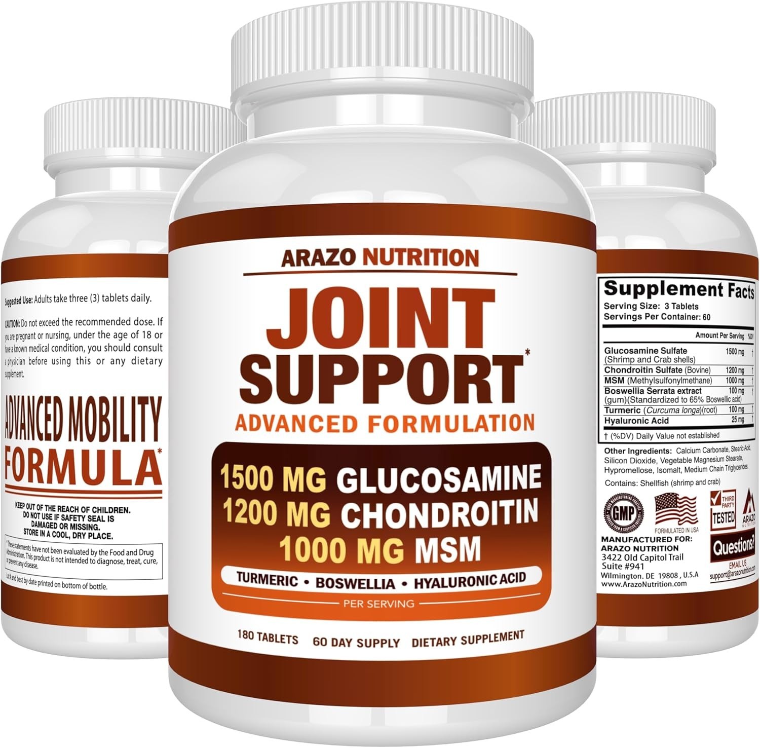 Arazo Nutrition Glucosamine Chondroitin Turmeric MSM Boswellia Joint Support 180