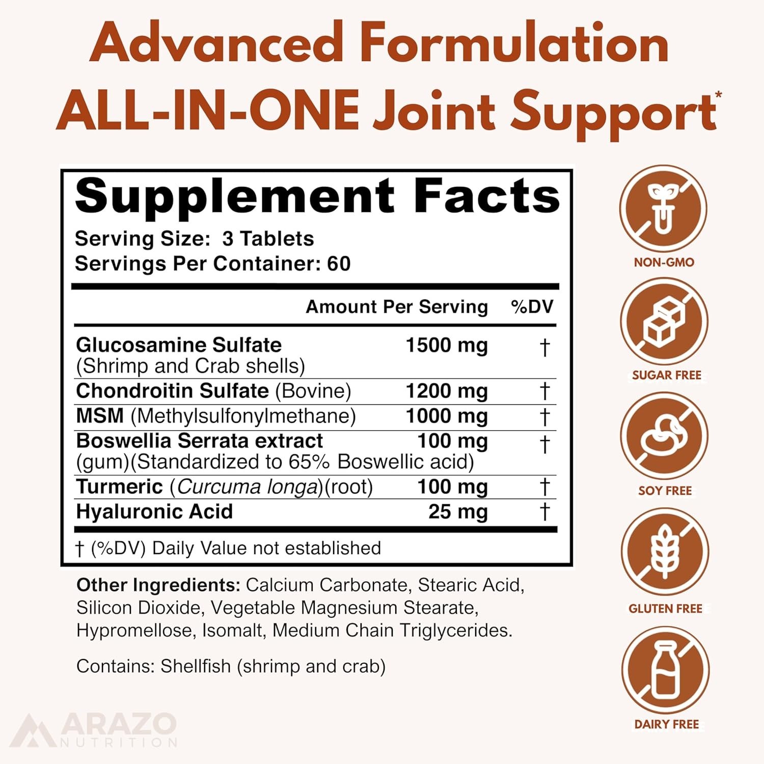Arazo Nutrition Glucosamine Chondroitin Turmeric MSM Boswellia Joint Support 180