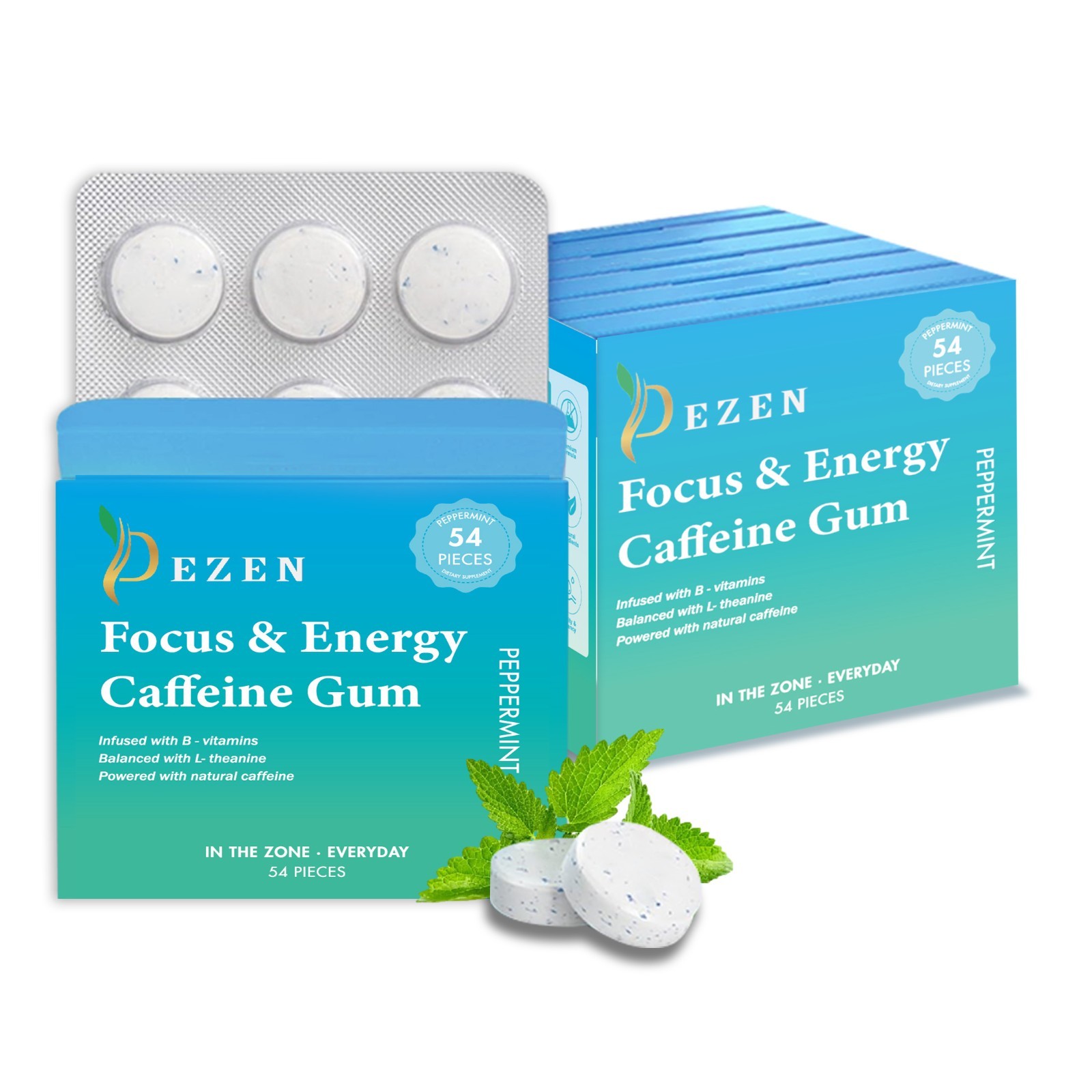 DEZEN Energy Caffeine Gum (54 Pieces) – Sugar Free with L-theanine + Caffeine