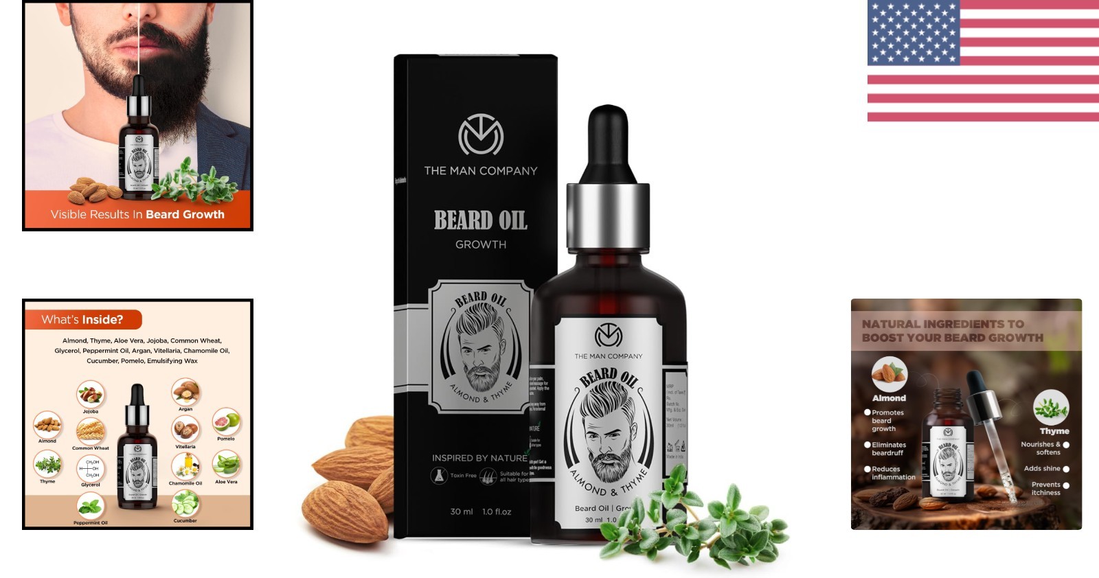 100% Natural Beard Oil with Almond & Thyme – Promote Growth & Shine – 1.1 Oz