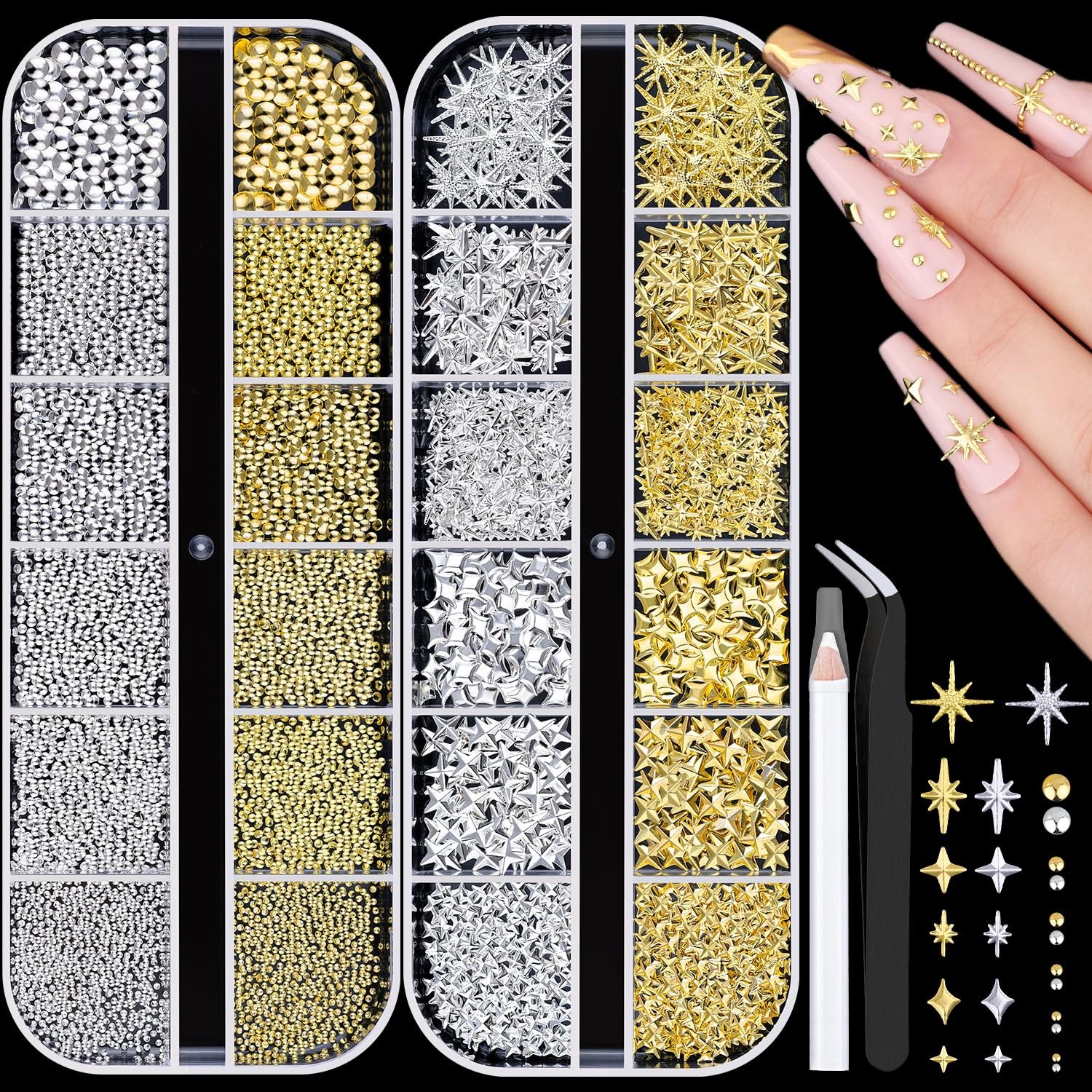 2640Pcs 3D Nail Charms Gold Silver Star Gems Rhinestones Set