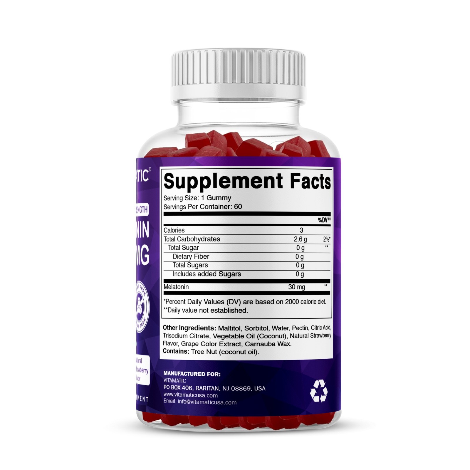 Vitamatic Sugar Free Melatonin 30mg per gummy-60 Servings – 60 Gummy – 2 Pack