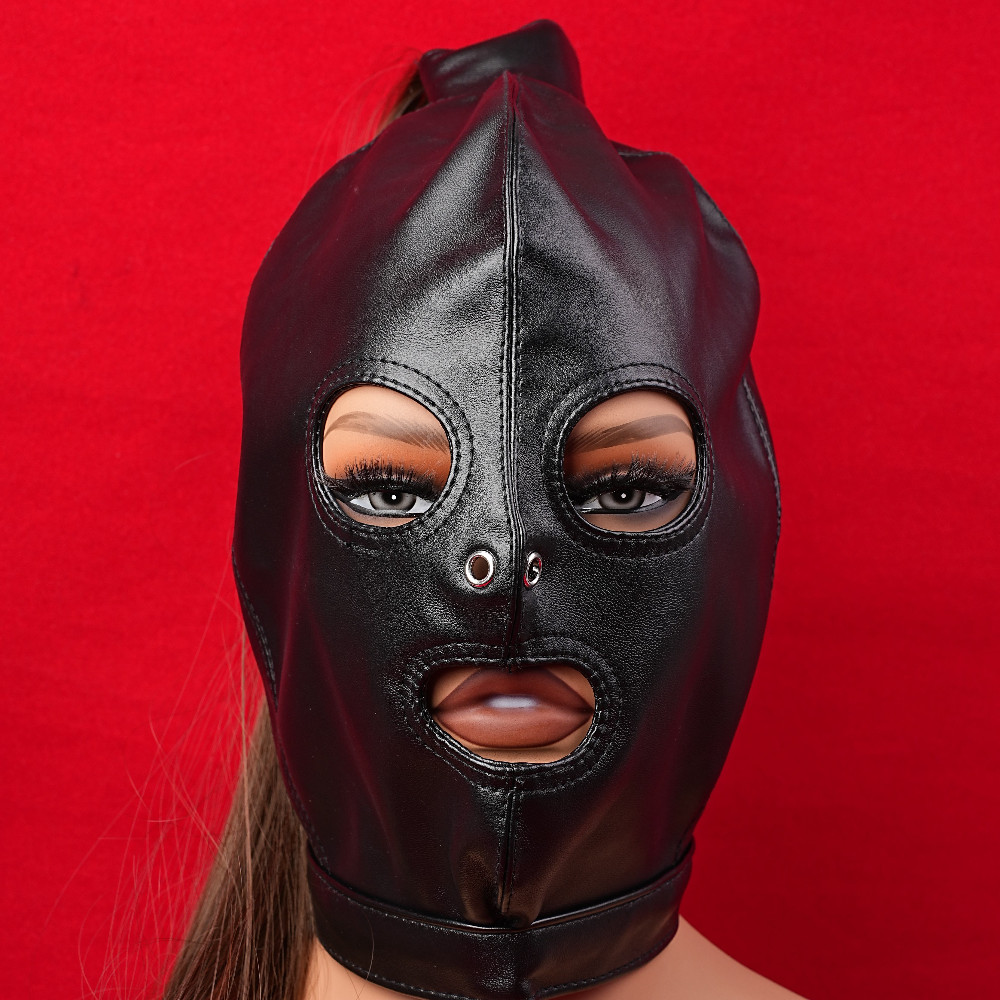 Adult Unisex PU Leather Gimp Head Harness Headgear Hood Party Mask Ponytail Wigs
