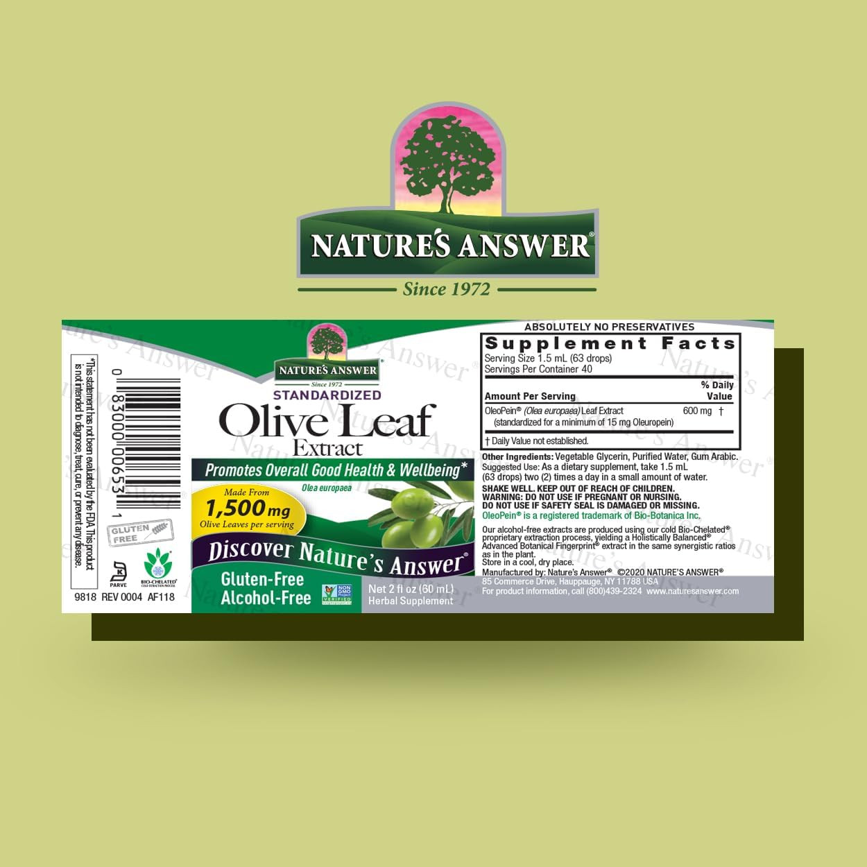 Olive Leaf Extract Liquid 2 fl oz Alcohol-Free Non-GMO Vegan Wellness Supplement