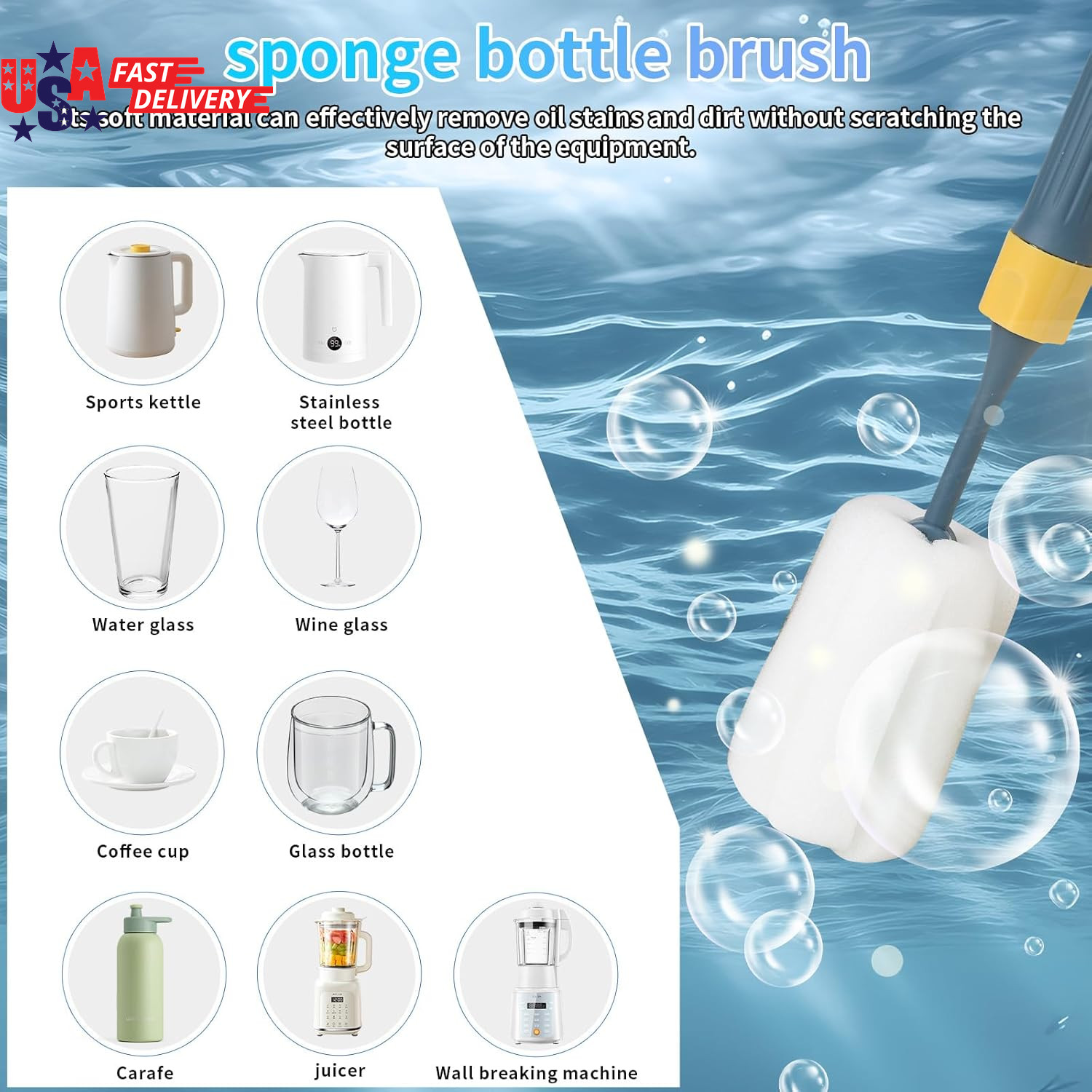 Sponge Bottle Brushes Adjustable Long Handle up to 12.9” High Density Foam Bottl
