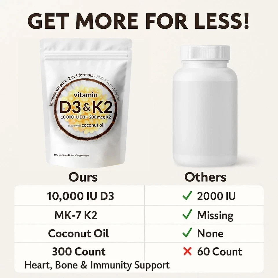 Vitamin D3 10000 iu Plus K2 (MK-7) 200 mcg, 300 Virgin Coconut Oil Softgels