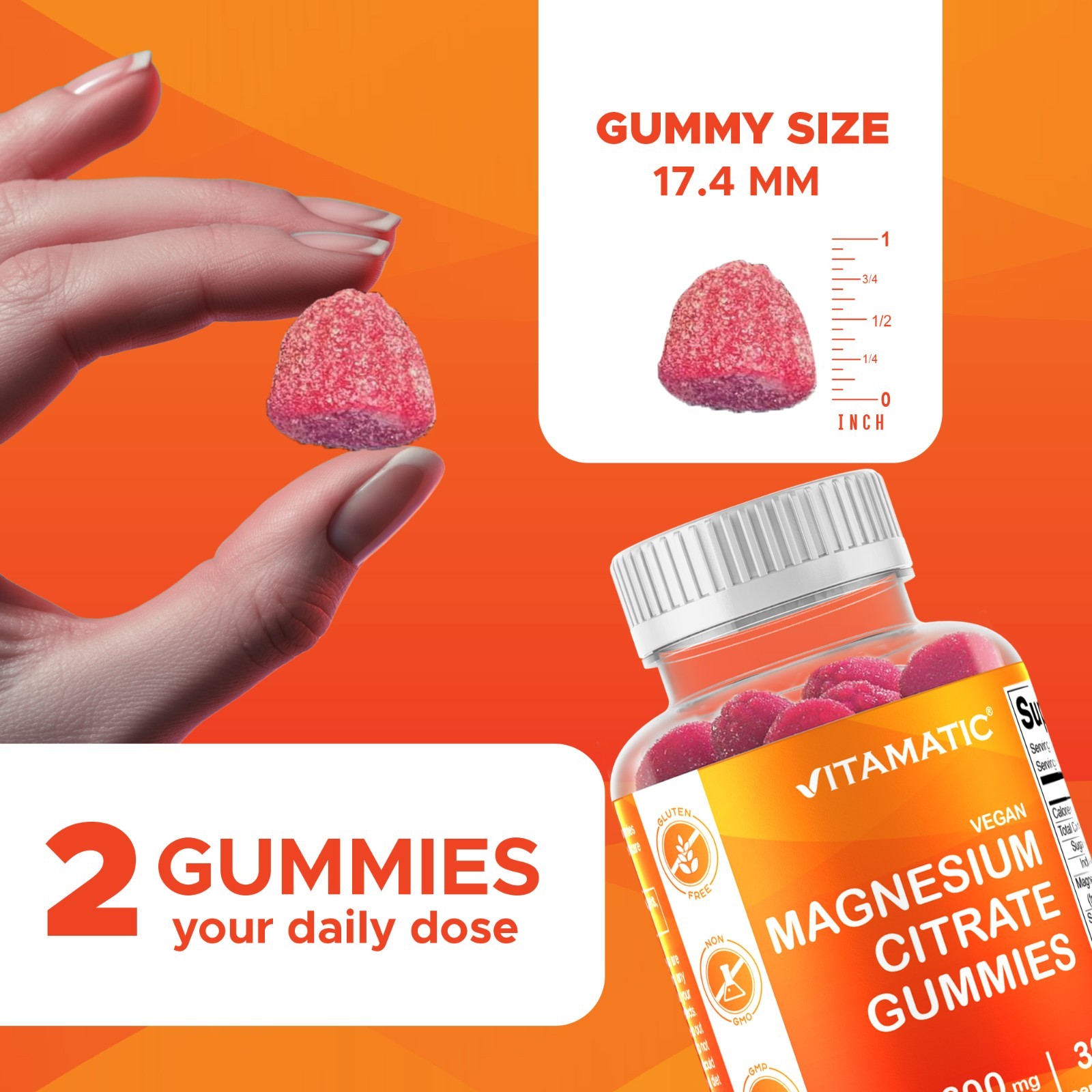 2 Pack Vitamatic Magnesium Citrate Gummies 600mg per Serving – 60 Vegan Gummies
