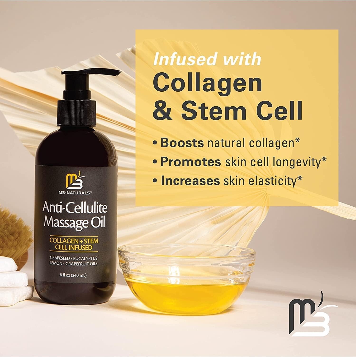 12 M3 Naturals Anti Cellulite Massage Oil Collagen Stem Cell Infused 2028