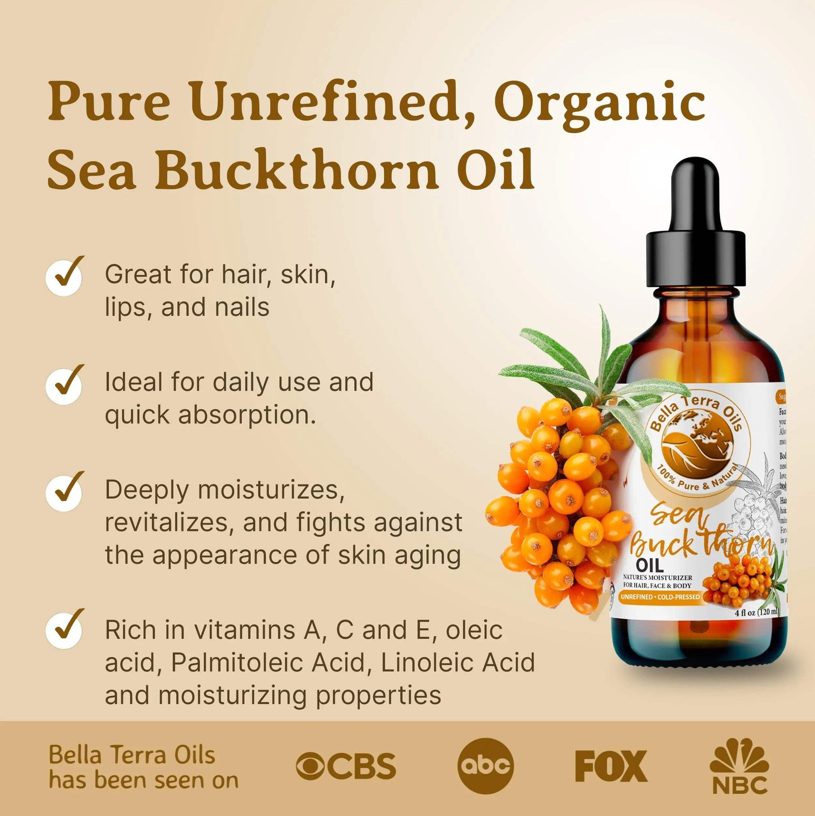 Organic Cold-Pressed Sea Buckthorn Oil 100% Pure Raw Skin Hair Face Anti-Aging