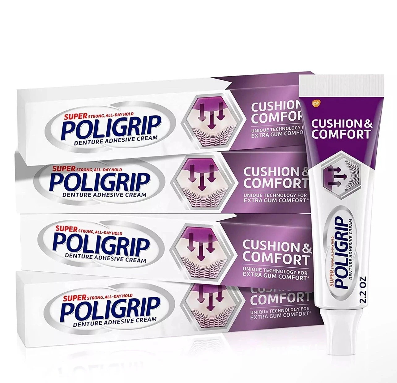4 pack POLIGRIP Cushion & Comfort Denture Adhesive Cream 2.4 oz Each 2023 NEW