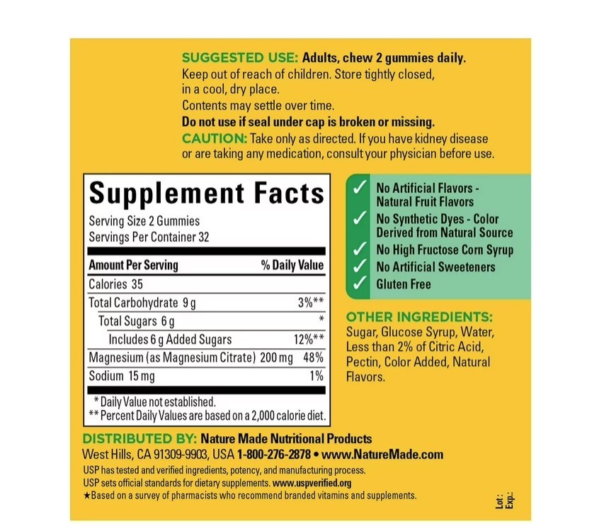 2 PACK High Absorption Magnesium Citrate 200 Mg per Serving Gummies, 64 Count