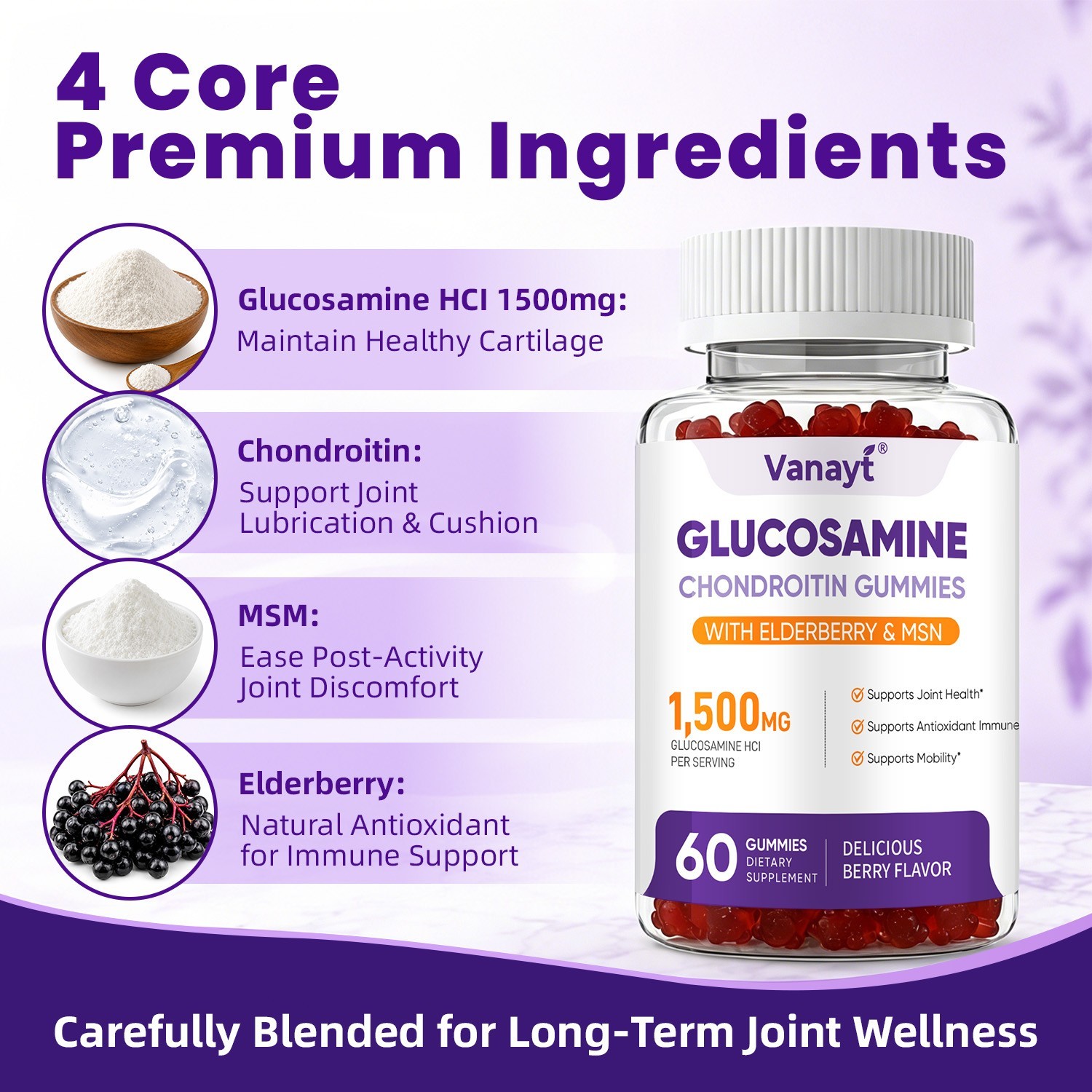 1/2/4PCS Glucosamine Chondroitin Gummies MSM Triple Strength Joint Support 60Ct