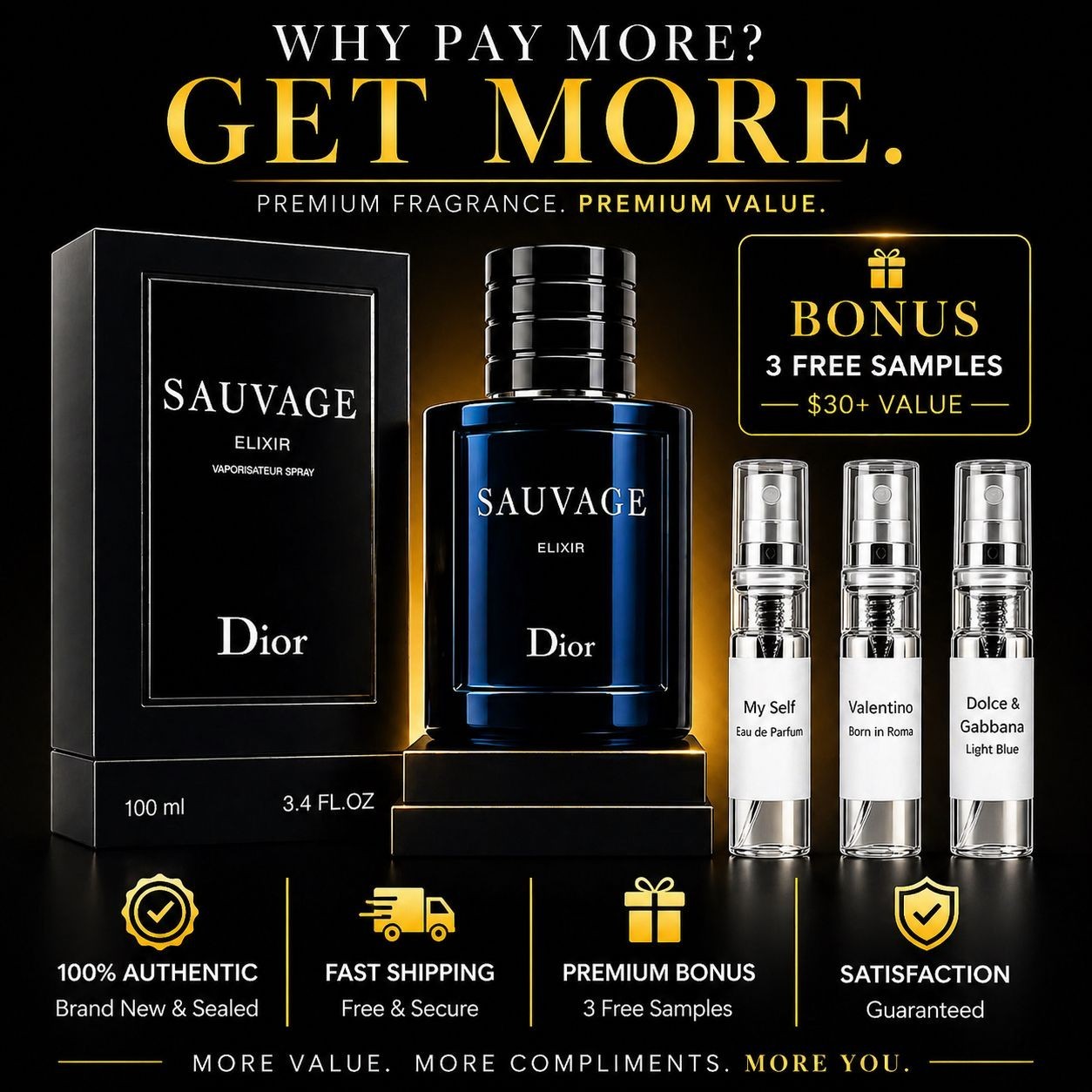 Dior Sauvage Elixir EDP Spray 100ml 3.4oz Men’s Cologne + 3 Fragrance Samples
