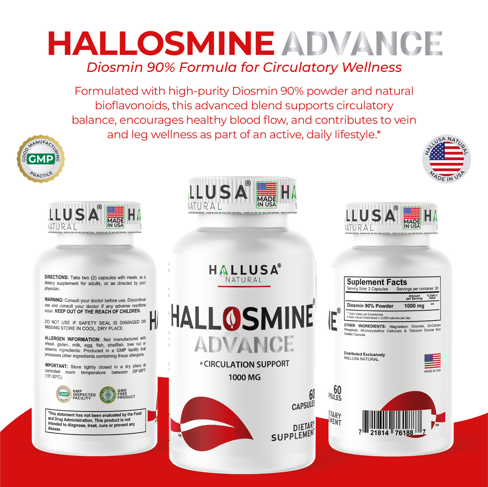 Hallosmine ADVANCE Diosmin 1000mg + FREE Cream for Veins 4 oz – 60 Capsules