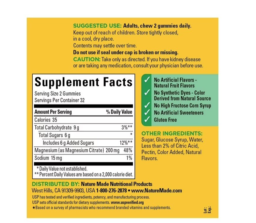 High Absorption Magnesium Citrate 200 Mg per Serving Gummies, 64 Count, 2PK