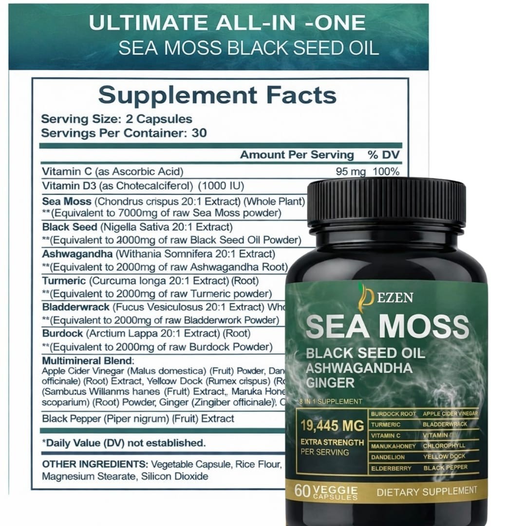 Sea Moss Capsules 19445mg with Black Seed Oil & Ashwagandha,Herbal Supplement