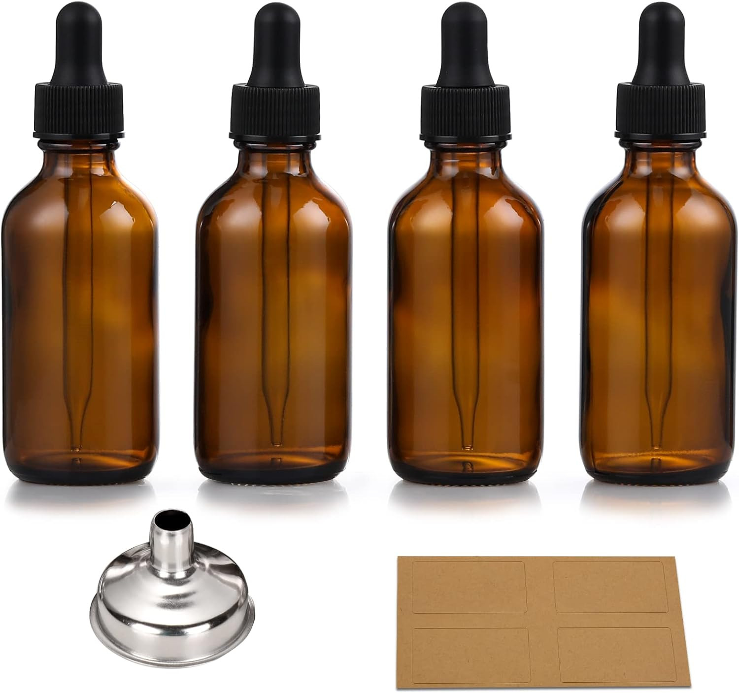 4 Pack, 1 Oz Thick Dark Amber Glass Dropper Bottles with 1 Funnels & 4 Labels –