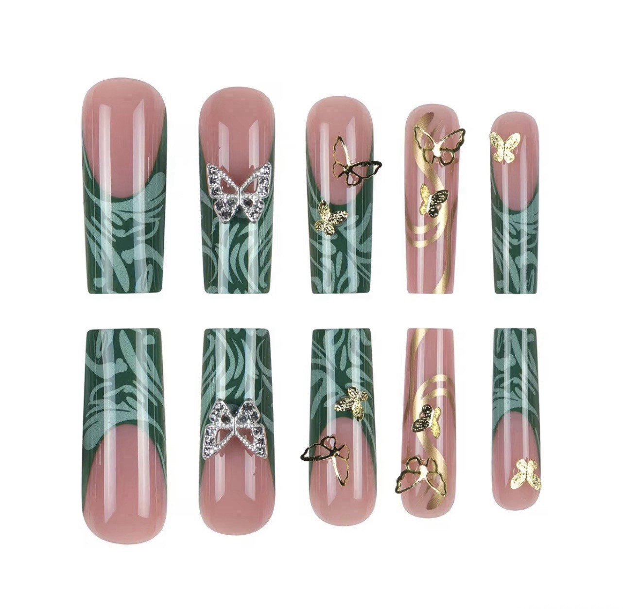 Long Square Press-On Nails Green Pink Gold 3D Butterfly Self-Adhesive Set