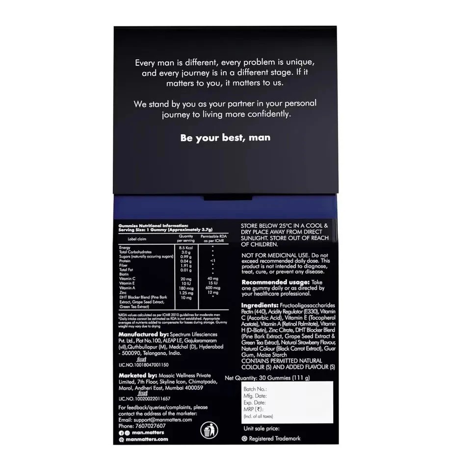 Man Matters Biotin Hair Gummies (30N) With Biotin, DHT Blockers vit A, C, E,