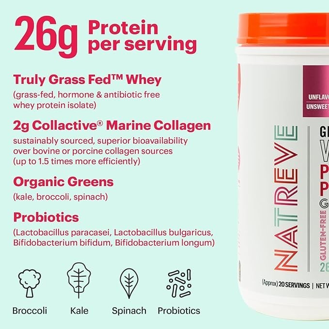 Natreve Whey Protein Powder Grass-Fed + Amino Acids + Collagen 1.5 LB Unflavored