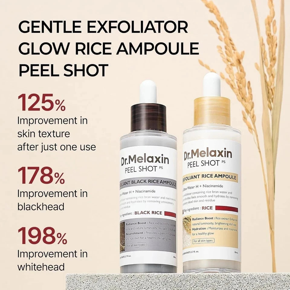 Dr.Melaxin Black & White Rice Peel Shot Ampoule, Gentle Acid Exfoliating Duo