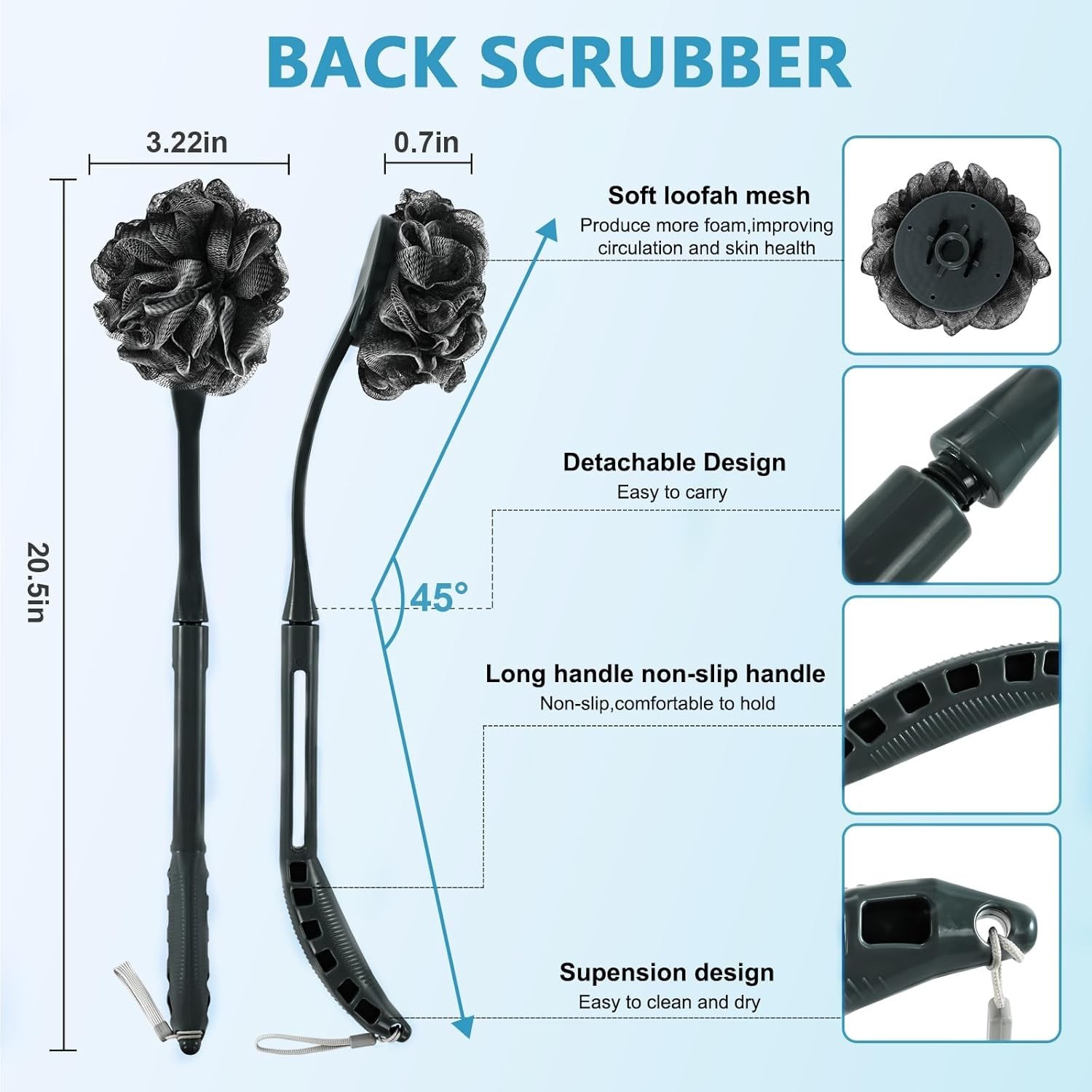 20.5″ Loofah with Handle Replaceable Shower Body Scrubber Dark Black Men