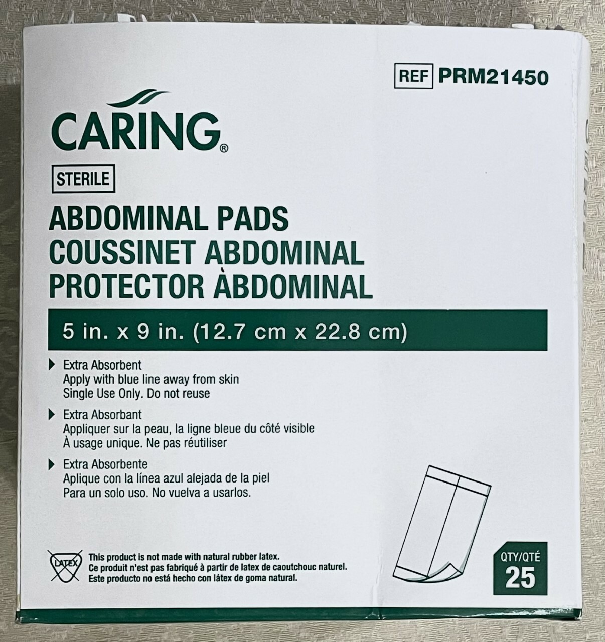  Caring Sterile Extra Absorbent Abdominal Pads Lot of 25 5″ X 9″ (New)