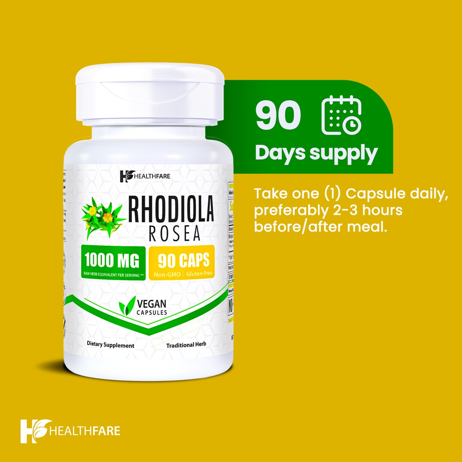 Healthfare Rhodiola Rosea Capsules 1000mg Equivalent | 90 Vegan Capsules