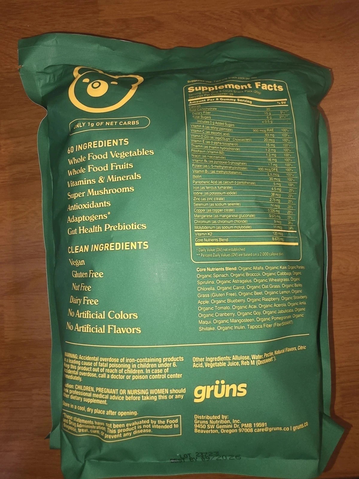Gruns Adults Super Greens Gummies, Superfood Gummy Bears with Spirulina