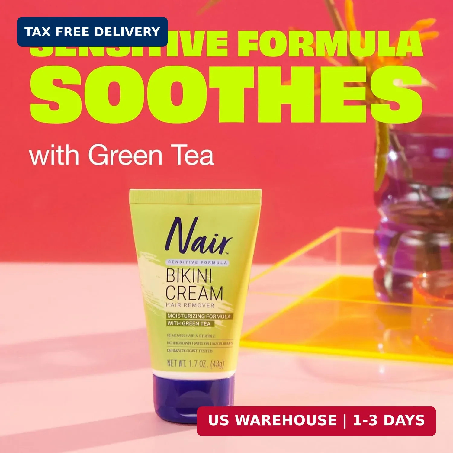 Nair Bikini Cream with Green Tea Sensitive Formula, 1.7 Ounce