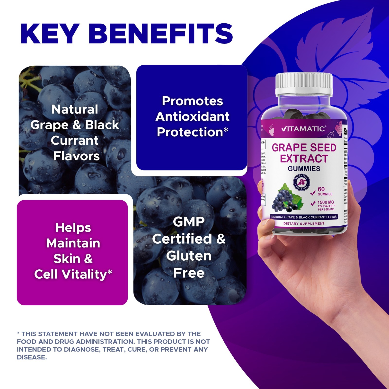 Vitamatic Grape Seed Extract– 1500 mg Equivalent per Serving-60 Gummies – 2 Pack