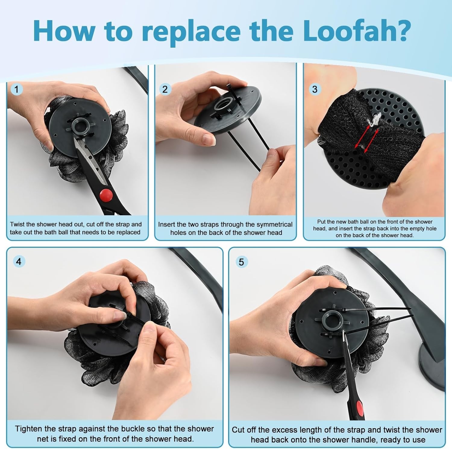 20.5″ Loofah with Handle Replaceable Shower Body Scrubber Dark Black Men