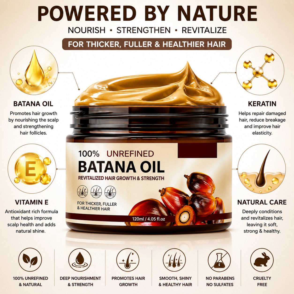 100% Batana Oil Hair Growth Treatment for Thicker Fuller Hair 120g