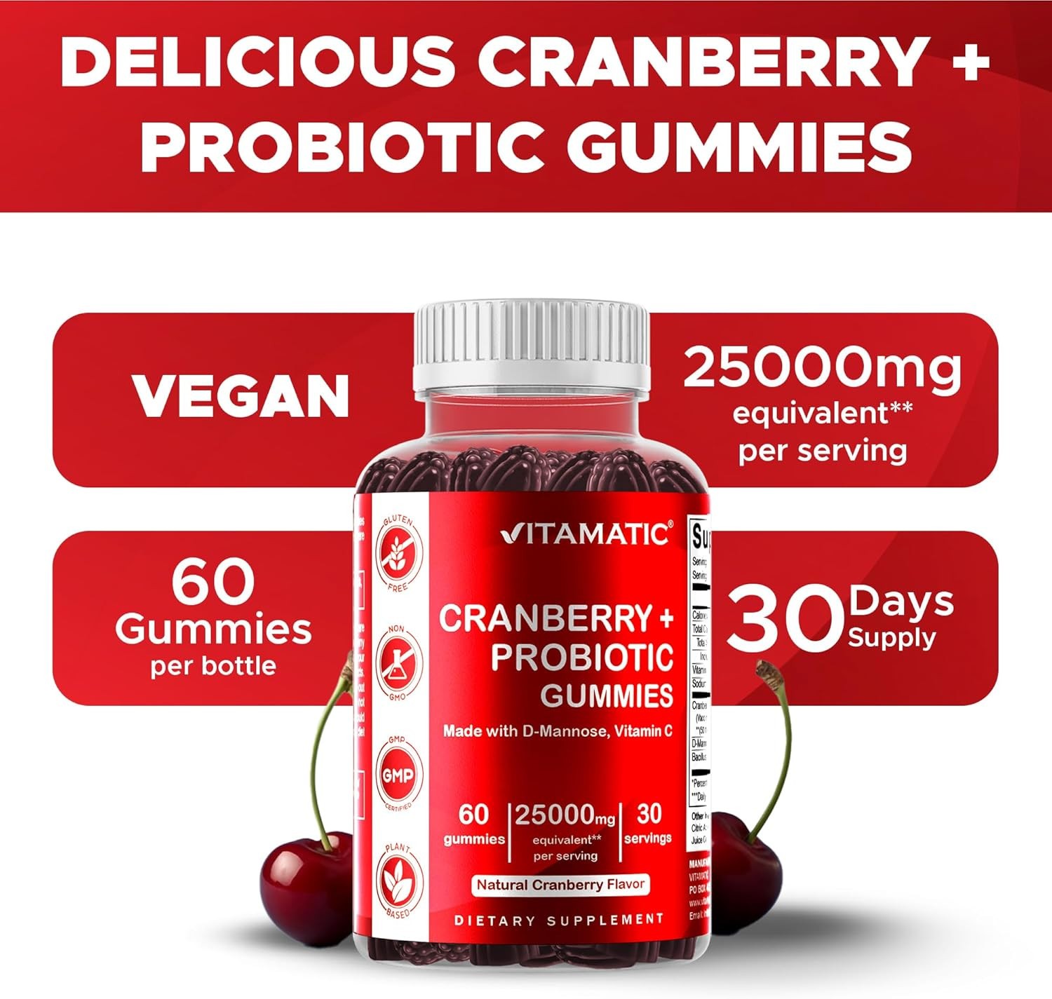2 Pack – Vitamatic Vegan Cranberry Gummies, 25,000mg per Serving 60 Count