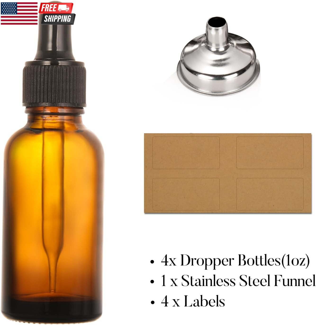 4 Pack, 1 Oz Thick Dark Amber Glass Dropper Bottles with 1 Funnels & 4 Labels –
