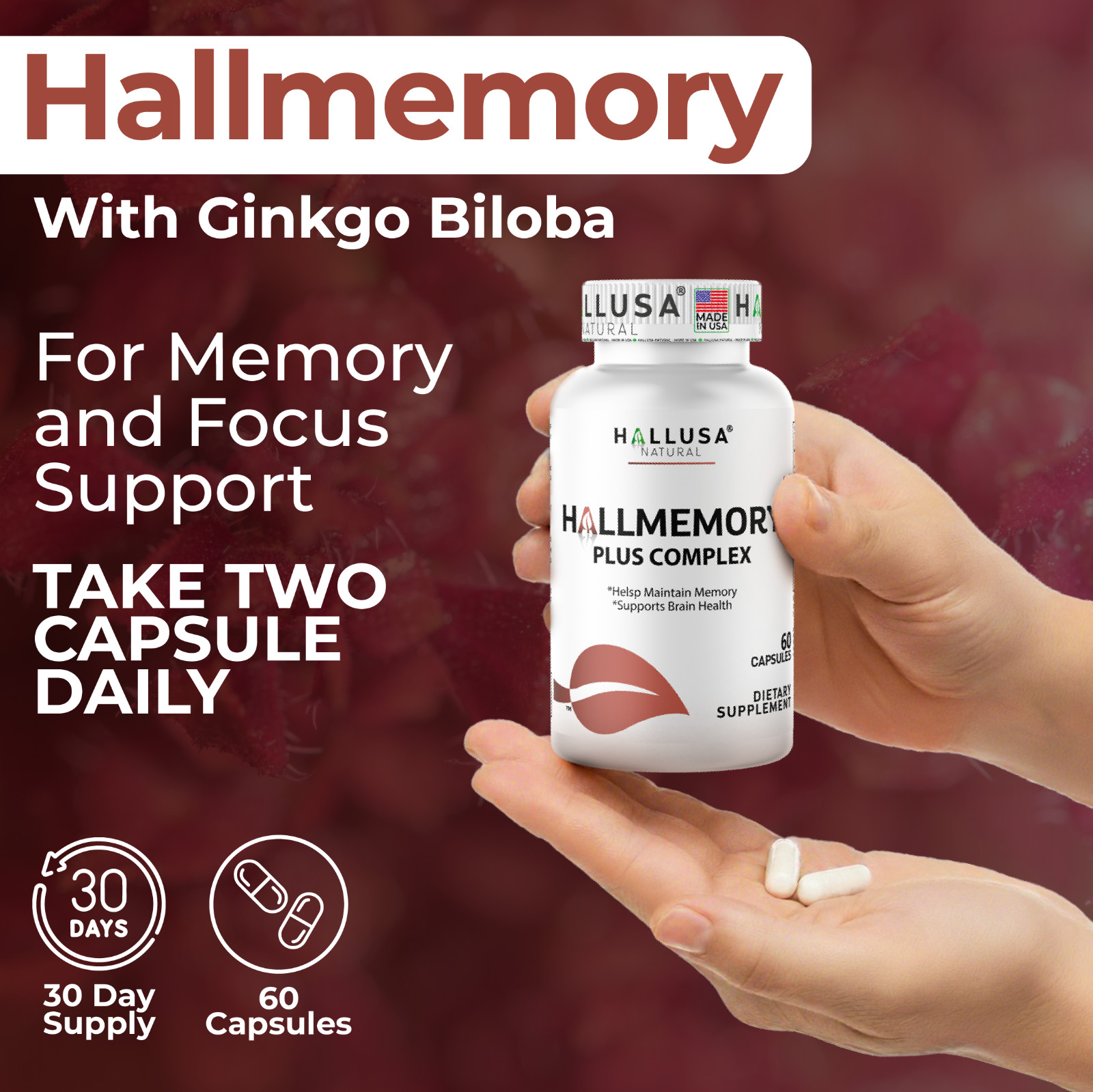 HALLMEMORY – Brain Health – Mental Concentration – Focus Function 60 Caps