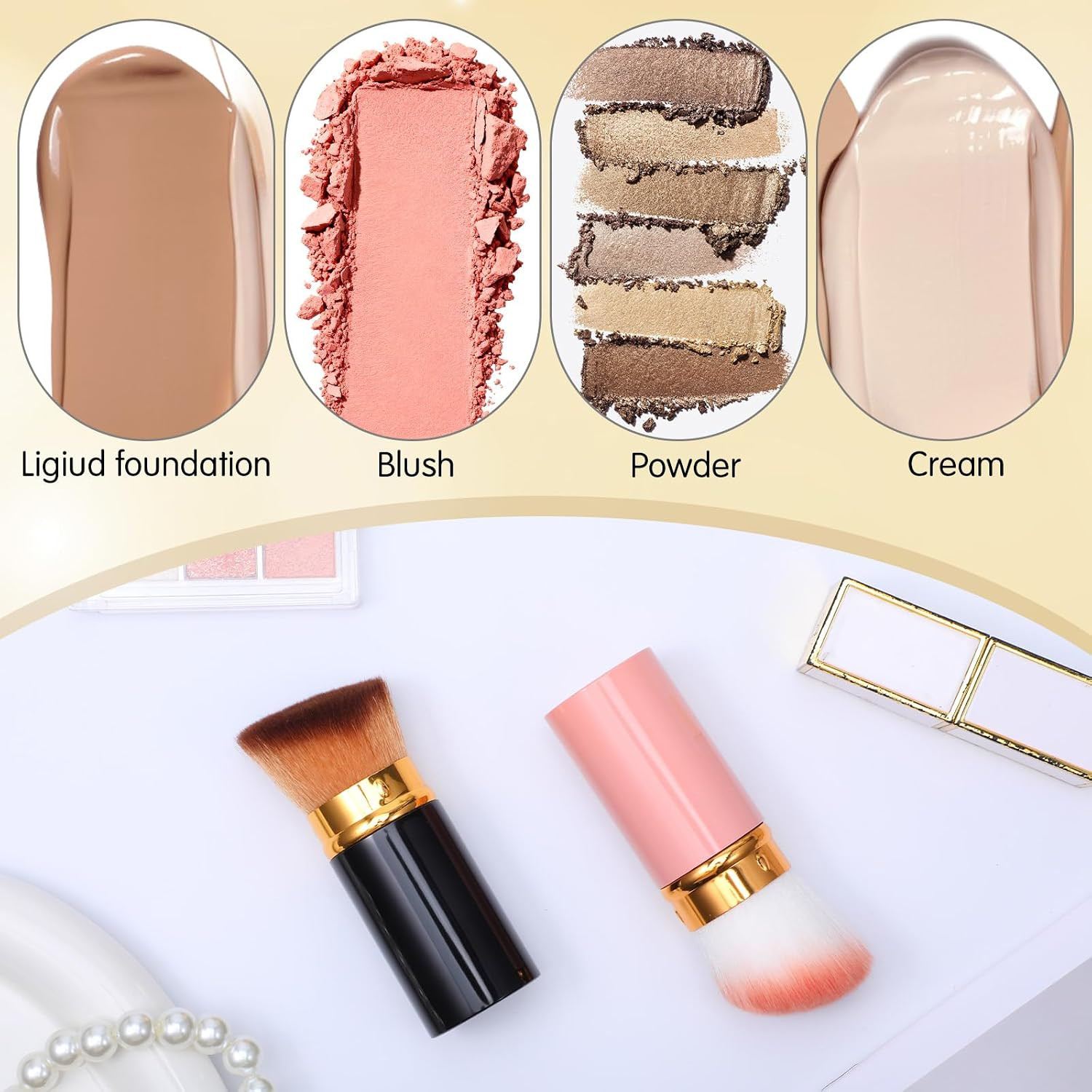 2 PCS Retractable Kabuki Makeup Brush Portable Blush Kabuki Brush Travel Face Fl