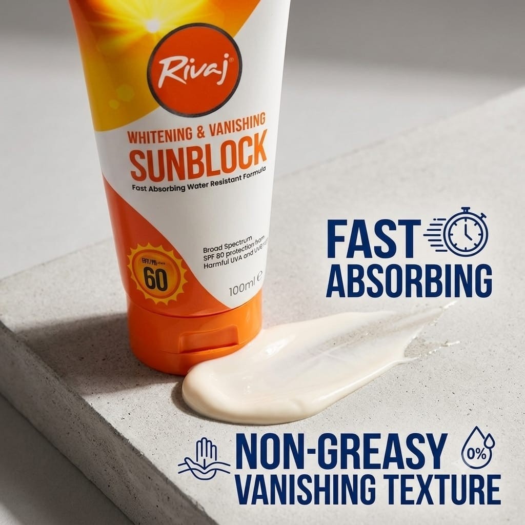 Rivaj UK – Whitening and Vanishing Sunblock SPF60 – 100ml DDP Shipping