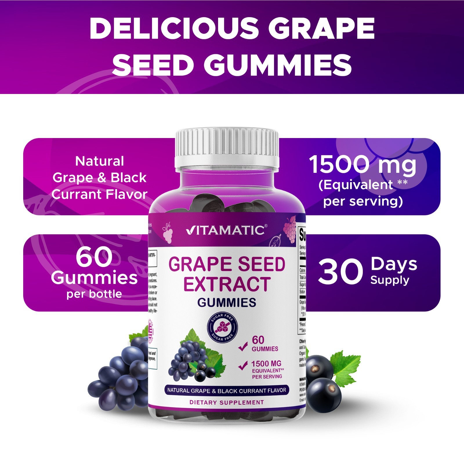 Vitamatic Grape Seed Extract– 1500 mg Equivalent per Serving-60 Gummies – 2 Pack