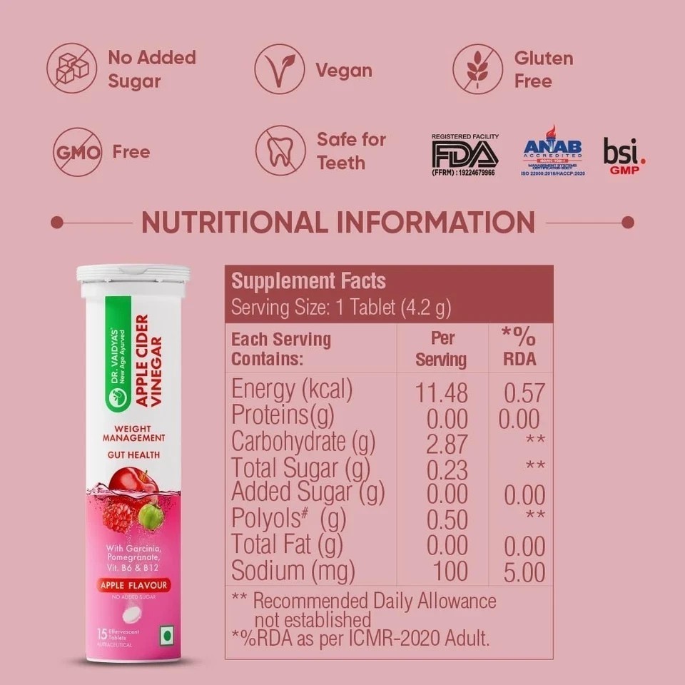 Dr. Vaidya’s Apple Cider Vinegar Effervescent Tablet with 150 Tablets Pack of 10