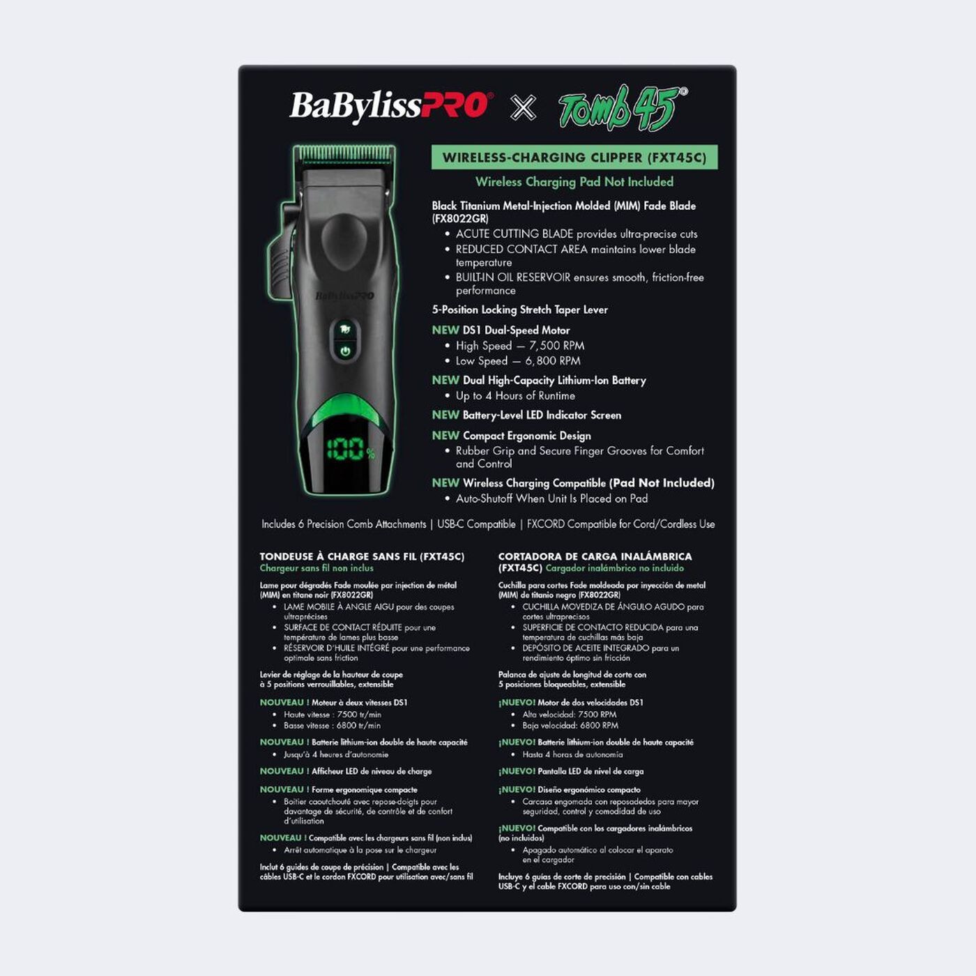 Babyliss Pro X Tomb45 Black Green Professional Cordless Clippers FXT45C Tomb 45