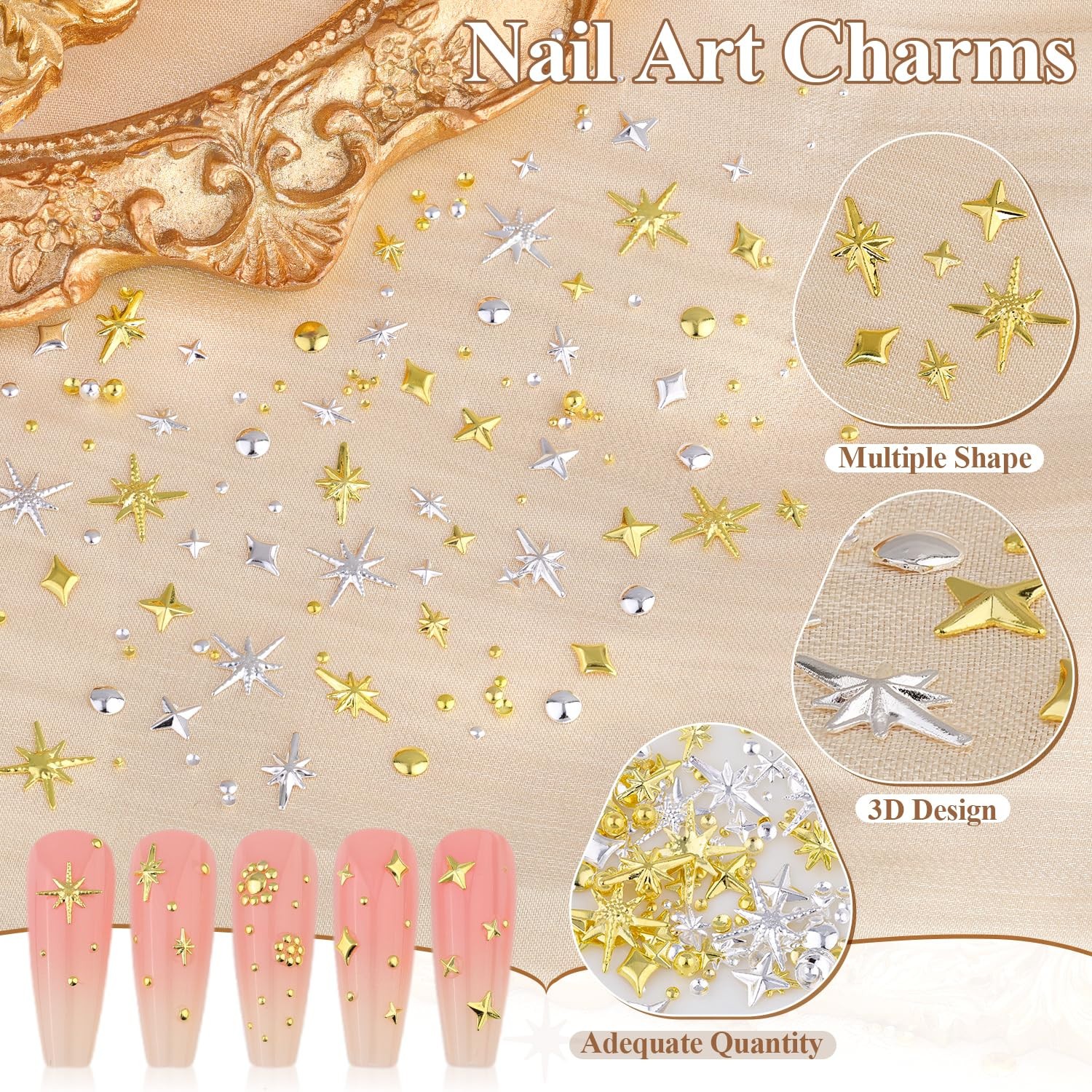 2640Pcs 3D Nail Charms Gold Silver Star Gems Rhinestones Set