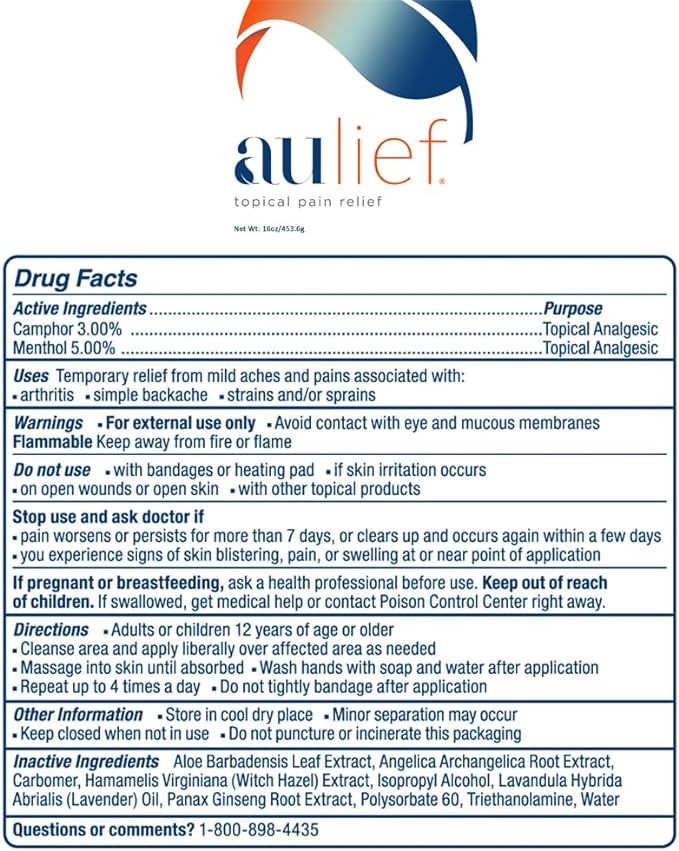 CLOSEOUT SALE! Aulief Topical Pain Relief Cream Green (China-Gel) EXPIRES 8/2026