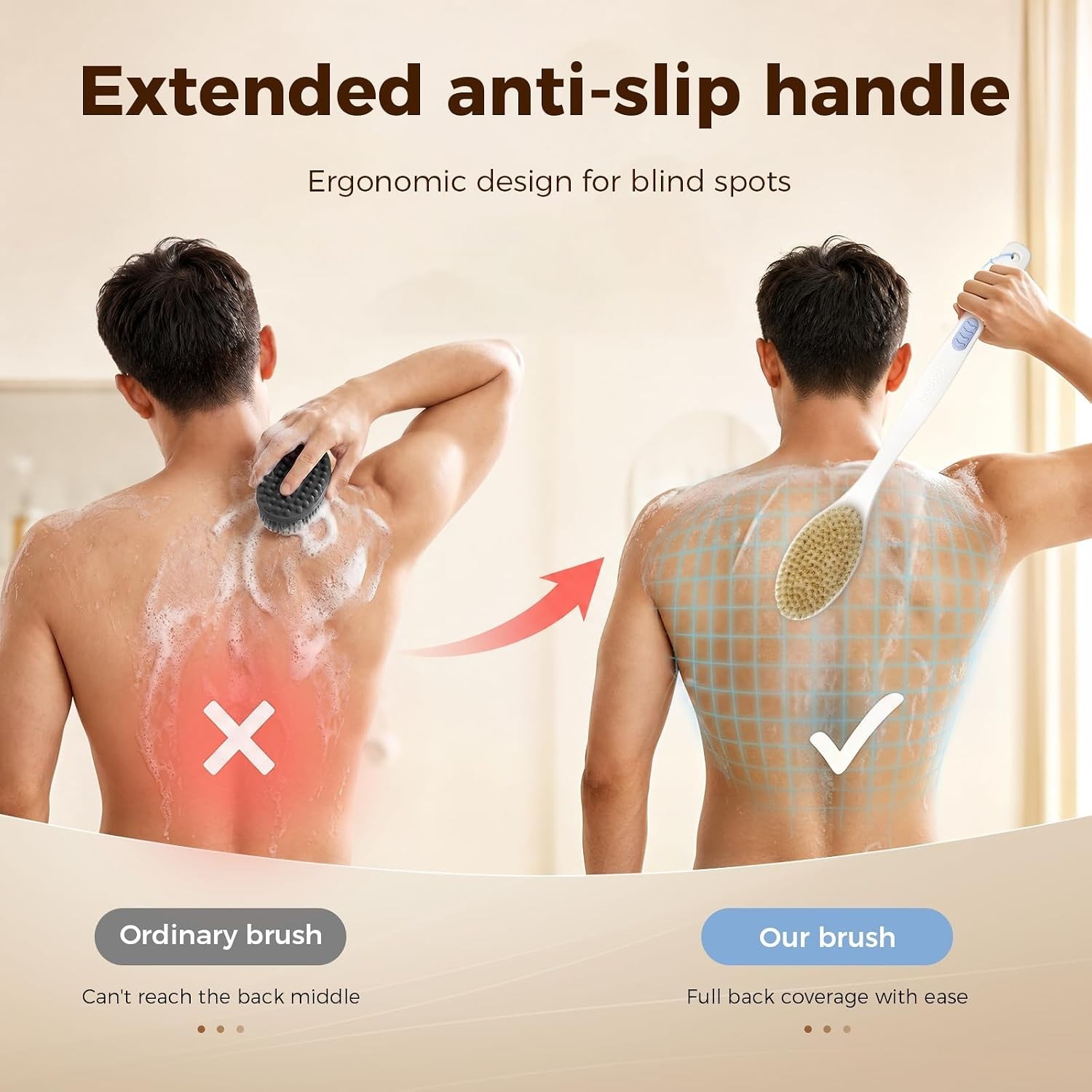 Back Scrubber anti Slip for Shower, Shower Brush Long Handle with Stiff and Soft