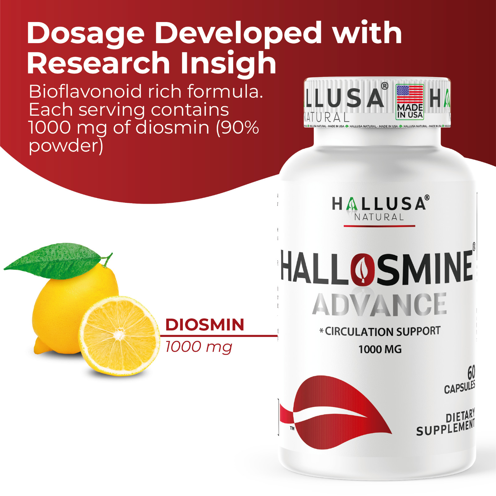 Hallosmine ADVANCE Diosmin 1000mg + FREE Cream for Veins 4 oz – 60 Capsules