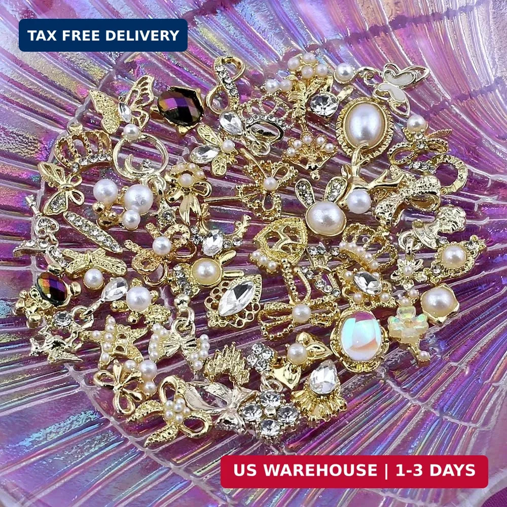 50pcs Random Gold Nail Charms Luxury Nail Rhinestones Nail Gems 3D Alloy Flower