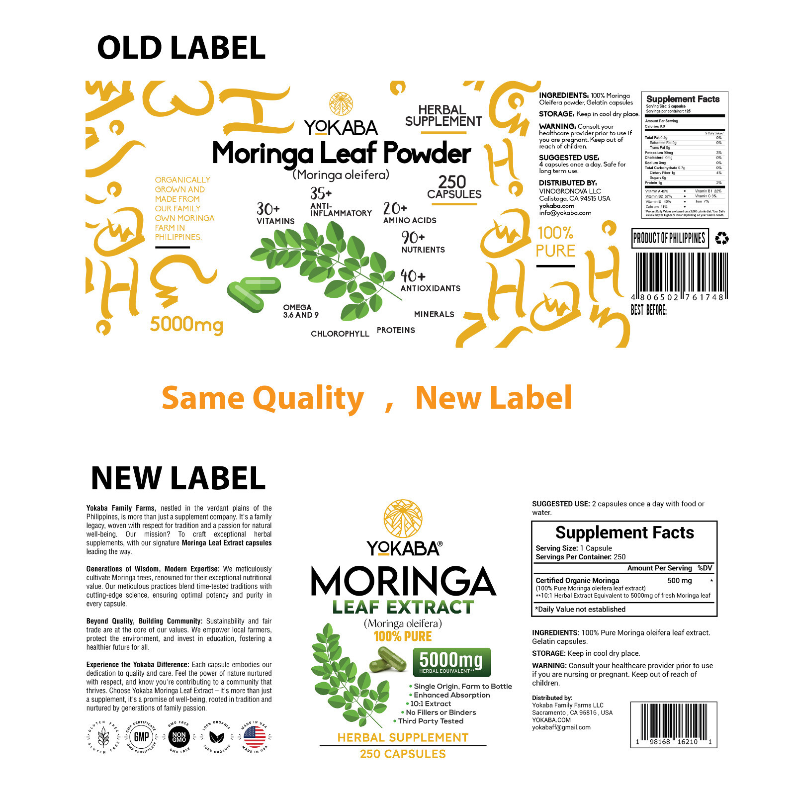 250 Capsules Moringa Oleifera Leaf Powder 5000mg – Organic Herbal Extract YOKABA