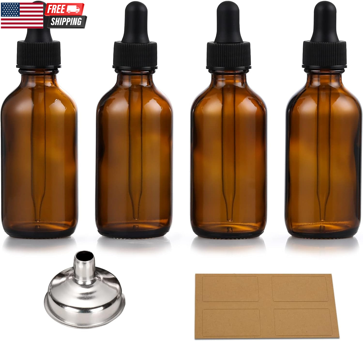 4 Pack, 1 Oz Thick Dark Amber Glass Dropper Bottles with 1 Funnels & 4 Labels –